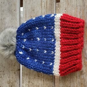 Red White And Blue Handmade Knit Pom-Pom Hat Beanie